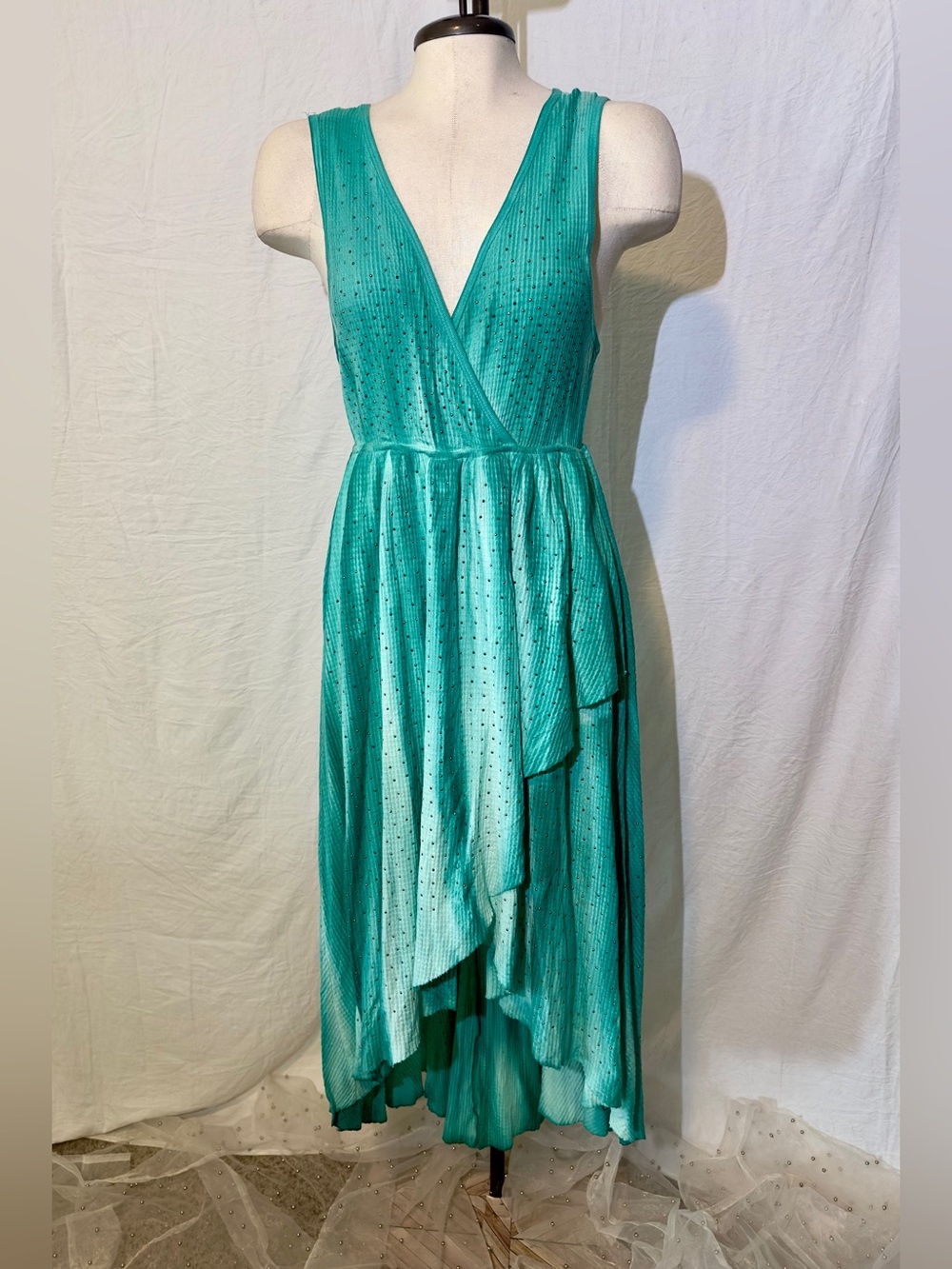 Vocal Teal Embellished High Low Midi Dress Large Made in USA Boho Festival